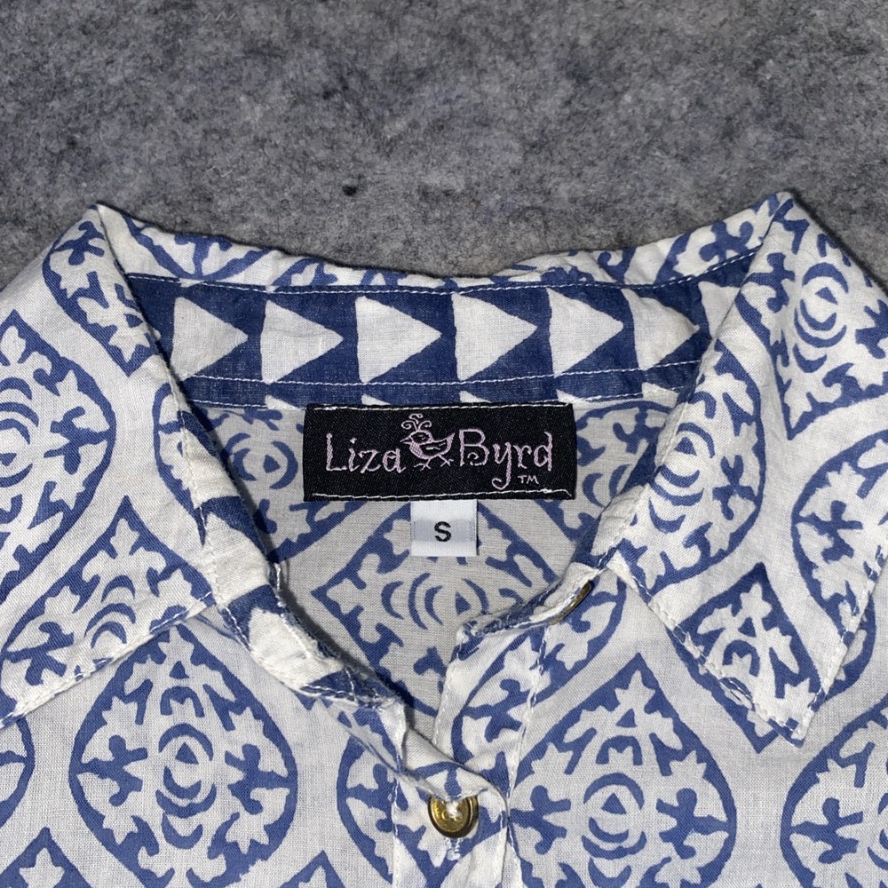 Liza Byrd Tunic Top Women's Small‎ Blue & White Damask Print Beachy Nautical - Picture 5 of 13
